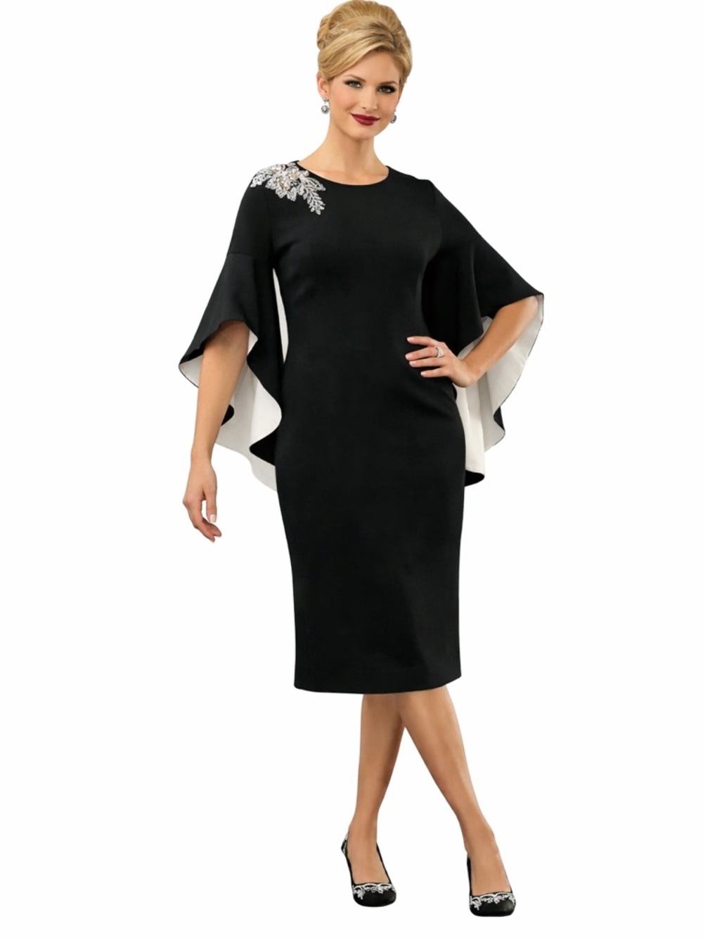 Widow Opera Cocktail Party Funeral Appliqué Statement Sleeve Black White Dress